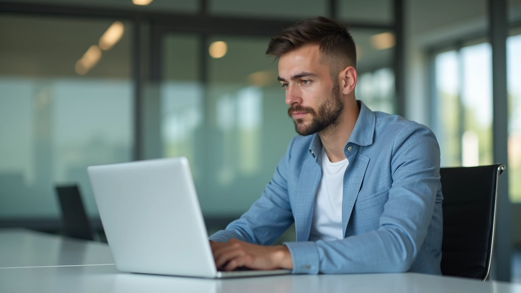 Directeur marketing dans un bureau moderne montrant l'interface du footer amélioré sur un écran