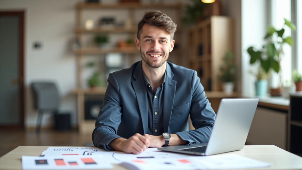 Designer créant une maquette de pied de page sur un ordinateur portable avec des notes et des croquis autour