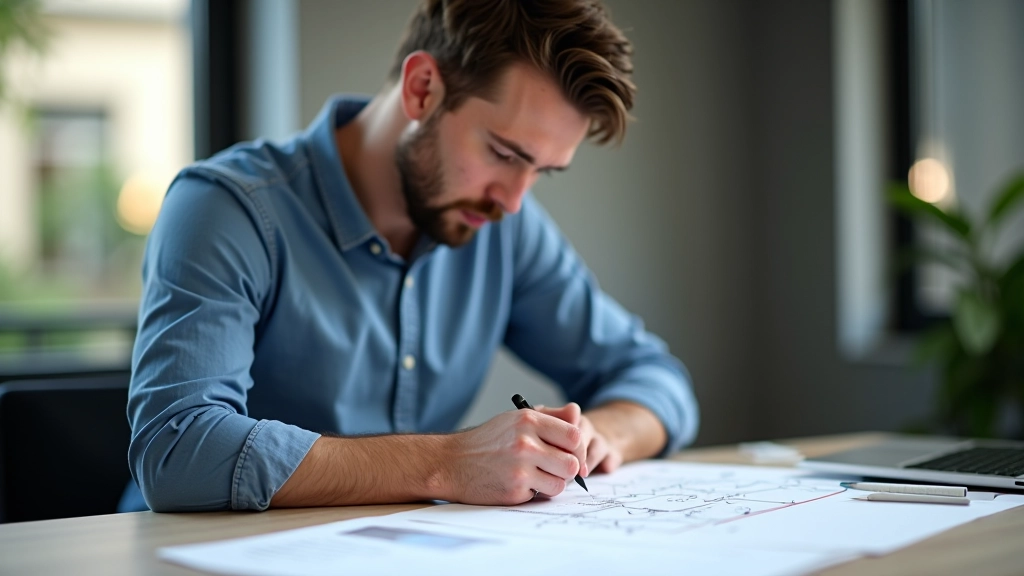 Designer travaillant sur la mise en page d'un formulaire d'inscription à la newsletter avec des esquisses et des wireframes sur le bureau