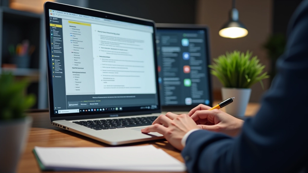 Designer travaillant sur la conception d'un pied de page, écran montrant la structure des colonnes et l'organisation des éléments